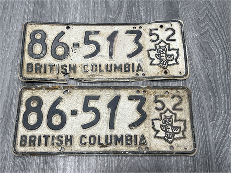 PAIR OF 1952 BRITISH COLUMBIA LICENSE PLATES