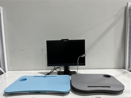 LENOVO 20” COMPUTER MONITOR + 2 COMPUTER BED DESKS - 1 W/ LIGHT