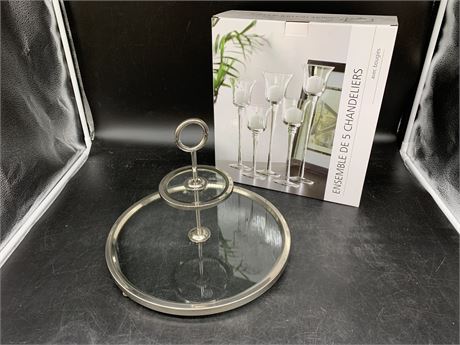 CANDLE SET & SILVER PLATED SERVING TRAY