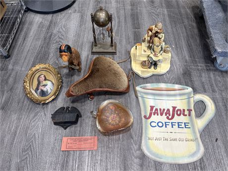 LOT OF VINTAGE COLLECTABLES - CAST IRON, FUR BIKE SEAT & ECT