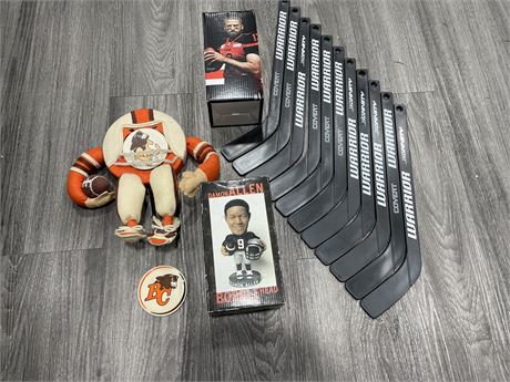 11 COVERT WARRIOR MINI HOCKEY STICKS & BC LIONS FIGURES & COLLECTABLES