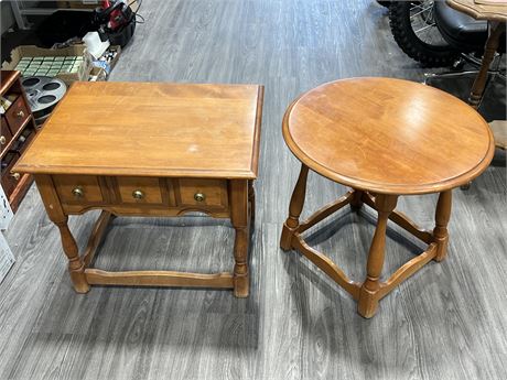 2 WOOD SIDE TABLES - 1 W/SHELVES (22” tall)