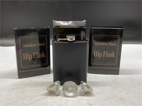 3 NEW STAINLESS STEEL HIP FLASKS W/FUNNELS