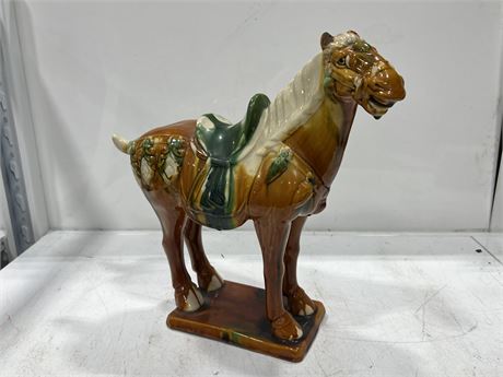 LARGE SIGNED CHINESE “TANG” POTTERY HORSE (16” wide, 15” tall)