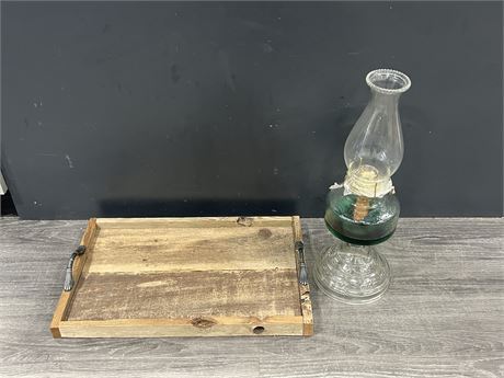 VINTAGE GLASS OIL LAMP & WOODEN SERVING TRAY 13”x19”