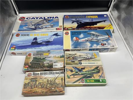 8 UNBUILT MODEL KITS - (6) ARE 1:72 SCALE - (1) IS 1:48 - (1) IS 1:144