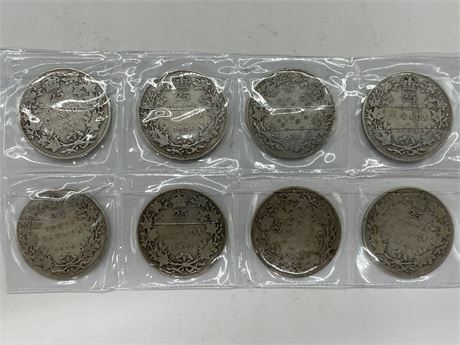8 ANTIQUE SILVER CDN QUARTERS DATING BACK TO 1911