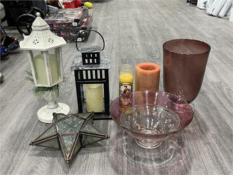 ROSE GLASS VASE & DISH + MISC CANDLES
