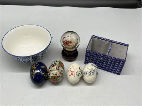 ORIENTAL BOWL W/4 HAND PAINTED EGGS & GLASS ORNAMENT