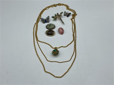 LOT OF VINTAGE JEWELRY, PINS ETC. (NECKLACE IS 34”)