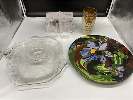 LARGE HAND PAINTED PLATE, ASSORTED GLASSWARE, & POTTERY CUP