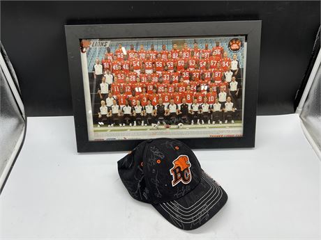 BC LIONS FRAMED PICTURE(19”x13”) & SIGNED HAT