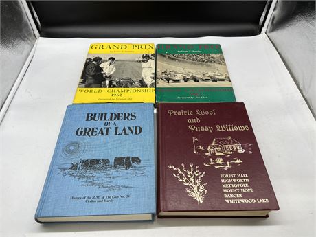 2 SASKATCHEWAN LOCAL HISTORY BOOKS + 2 GRAND PRIX WORLD CHAMPIONSHIPS BY STANLEY