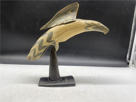 VINTAGE HAND CARVED HORN EAGLE STATUE WITH GLASS EYE 12”