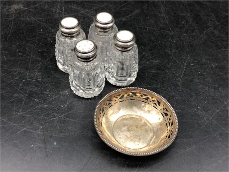 4 STERLING SALT & PEPPER SHAKERS AND SMALL STERLING DISH