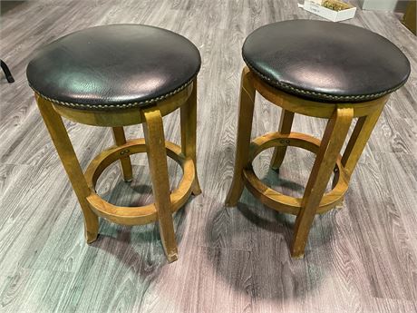 2 LEATHER/WOOD STOOLS (2ft tall)