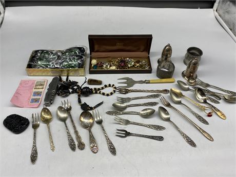 LOT OF VINTAGE JEWELRY, CUTLERY, COLLECTABLES, ETC