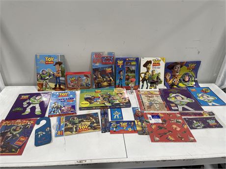 LARGE COLLECTION OF NEW TOY STORY BOOKS, STICKERS, TOOTHBRUSHES, ETC
