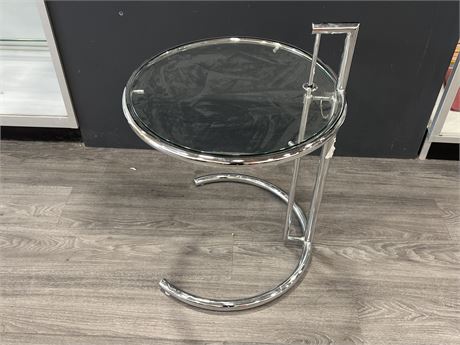 EILEEN GREY GLASS / CHROME SIDE TABLE (28” tall, 19” wide)