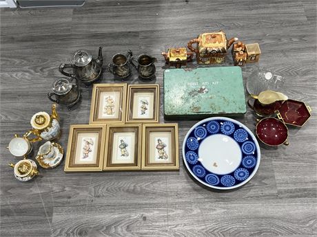 VINTAGE / COLLECTABLES LOT - CHINA, PEWTER, FULL FIRST AID KIT & ECT