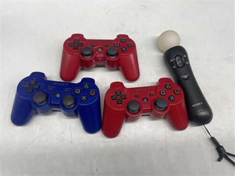 3 PS3 COLOURED CONTROLLERS & 1 PLAYSTATION MOVE CONTROLLER