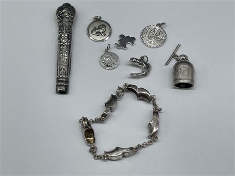 STERLING, 800, 835 SILVER BRACELET, CHARMS, BELL, 925 HANDLE