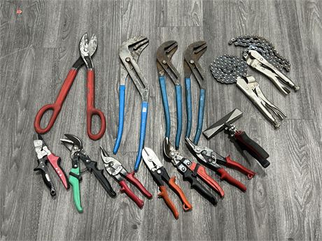 LOT OF SNIPS, LARGE PLIERS, ETC