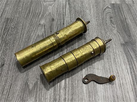 2 VERY OLD ANTIQUE TURKISH BRASS SPICE / COFFEE GRINDERS