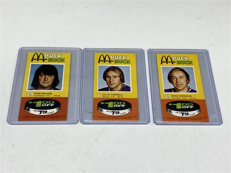 (3) 1977/78 MCDONALDS PUCK BUCK CARDS