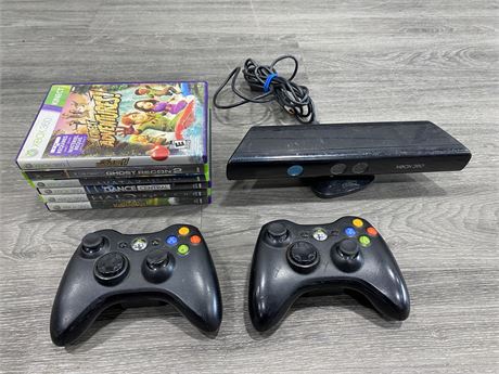 6 XBOX GAMES W/2 CONTROLLERS ETC.
