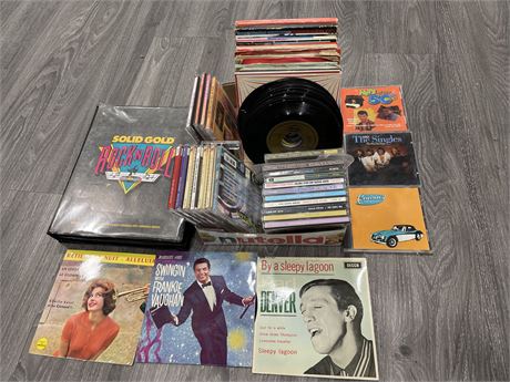 FLAT OF 45’S VG (SLIGHTLY SCRATCHED) + CD’S & SOLID GOLD ROCK & ROLL CASSETTE