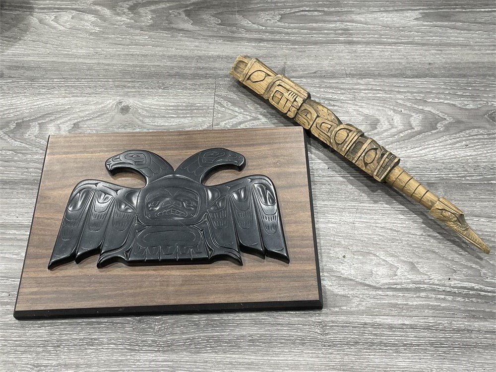 Native Plaque Sample Urban Auctions - NATIVE PLAQUE (14”x10”) & SIGNED WOODEN NATIVE POLE (16”)