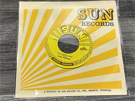 UNPLAYED SUN 45 RECORD CARL PERKINS “BLUE SUEDE SHOES” (Reproduction)