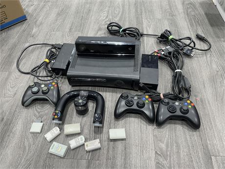 XBOX 360 W/ CORDS, CONTROLLERS, & ACCESSOIRES