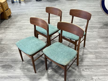 4 VINTAGE TEAK DINING CHAIRS MARKED “MADE IN DENMARK” (32” tall)