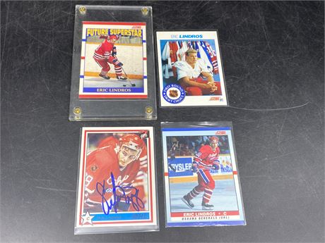 3 ROOKIE LINDROS CARDS & OHL CARD (1 signed)