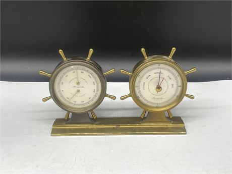 VINTAGE BRASS AIDGUIDE SHIP WHEEL BAROMETER / THERMOMETER 9”x5”