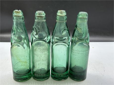 4 VINTAGE BOTTLES W/MARBLE STOPPERS