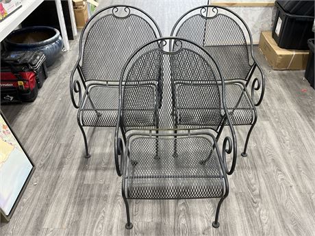 3 HEAVY WROUGHT IRON OUTDOOR CHAIRS (37” tall)