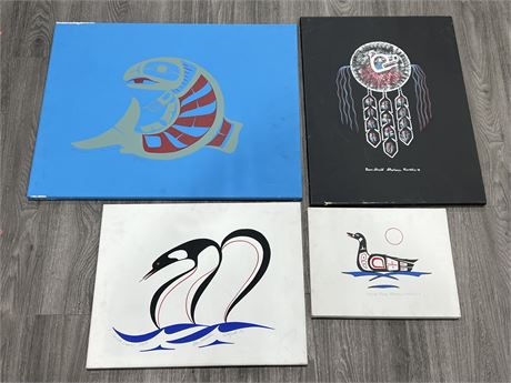 4 SIGNED ORIGINAL INDIGENOUS PAINTINGS - LARGEST IS 28”x22”