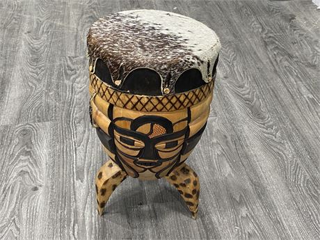 LARGE HAND CARVED BONGO DRUM WRAPPED IN HYDE (10”X18”)