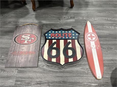NEW ROUTE 66, SURF BOARD & FOOTBALL SIGNS - 17”x16”