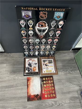 LOT OF HOCKEY COLLECTABLES - PINS, MOUNTED PICTURES & ECT