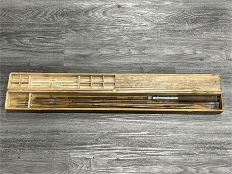 VINTAGE CANE FISHING ROD IN WOODEN TACKLE BOX