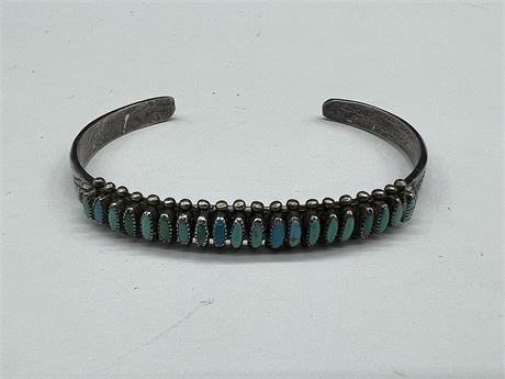 ANTIQUE NAVAJO SQUASH BLOSSOM BRACELET TESTED TURQUOISE & COIN SILVER
