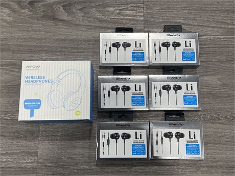 7 PAIRS OF NEW HEAD PHONES - WIRED / WIRELESS