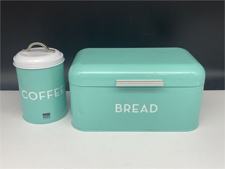 RETRO STYLE TEAL COFFEE & BREAD BOX (SOME SMALL DENTS IN BREAD BOX)