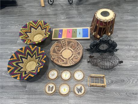 HOME DECOR LOT - WOVEN BASKETS, REAL BUTTERFLY COASTERS & ECT - BASKETS ARE 14”