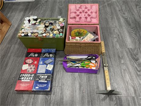 LARGE LOT OF SEWING ITEMS INCL: THREAD, SHEARS, LOOMS, BUTTONS, ETC