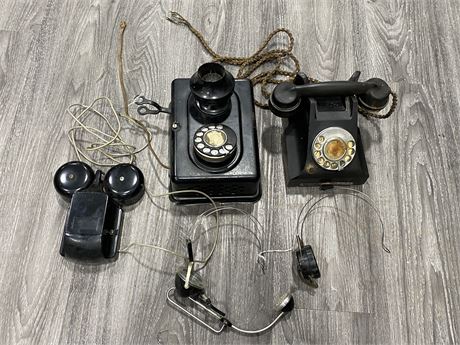 2 ANTIQUE ROTARY PHONES & VINTAGE HEADSETS